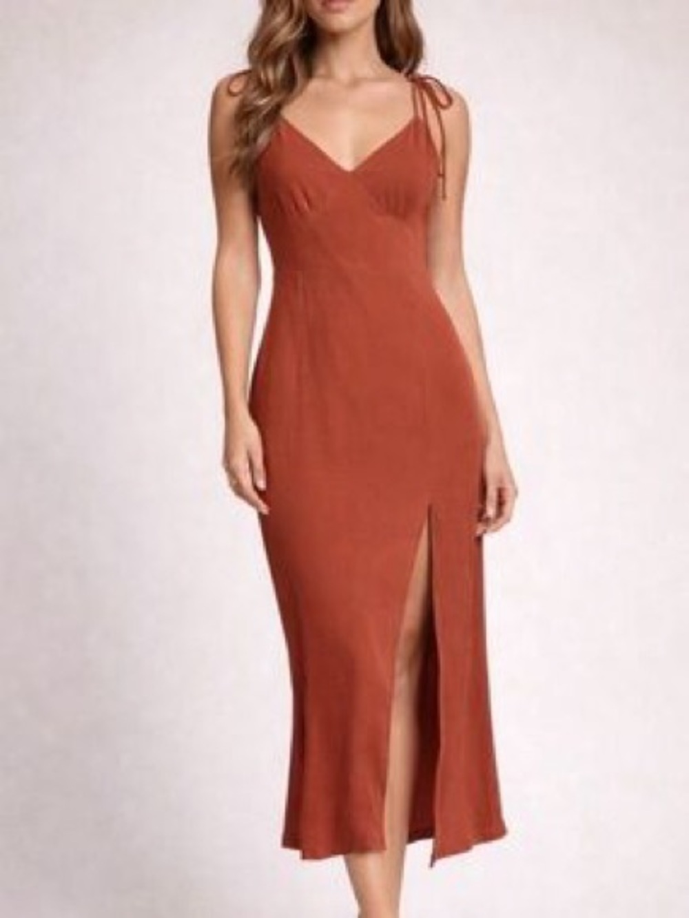 Abercrombie & Fitch Tie-Shoulder Rust Midi Dress with Side Slit